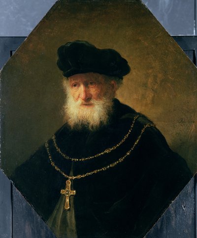 Hoofd van een oude man met een kruis door studio of Rembrandt Harmensz. van Rijn